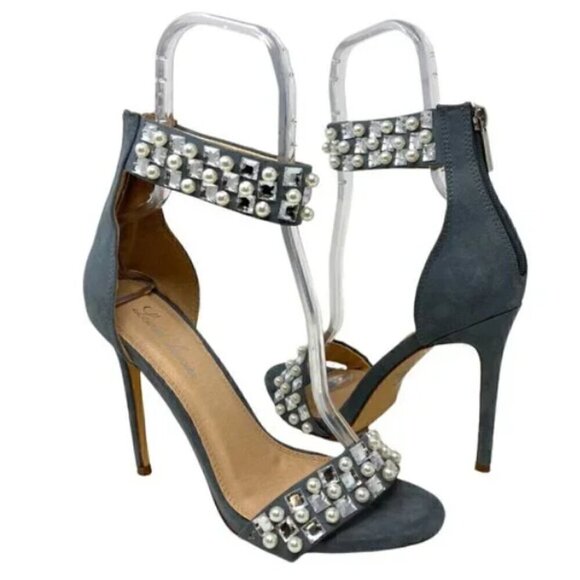 Lauren Lorraine Gray Sizzle Suede Beaded Heels - Size 10 - Picture 1 of 8